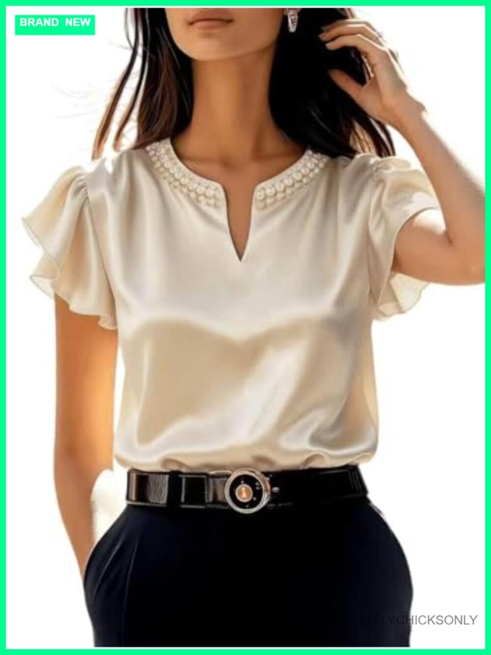 Satin Blouse with Pearl Beaded V-Neck and Ruffle Flutter Sleeves
